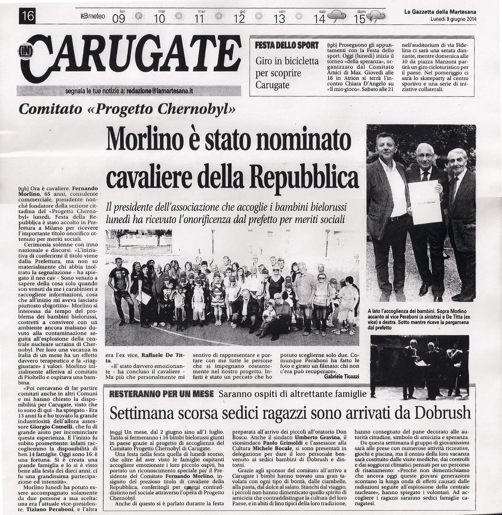 Gazzetta della Martesana: “Morlino è stato nominato Cavaliere della Repubblica”